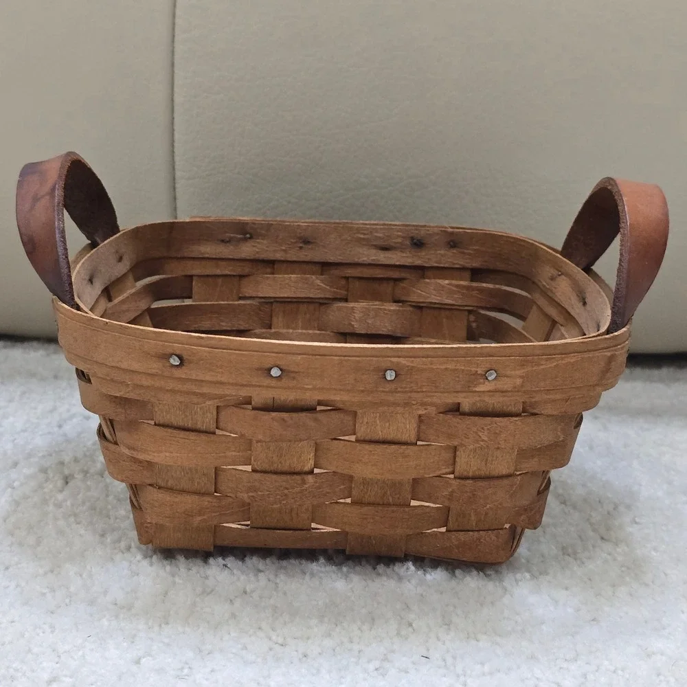 Vintage Woven Wood Basket with Leather Handles Rustic Farmhouse Decor Square